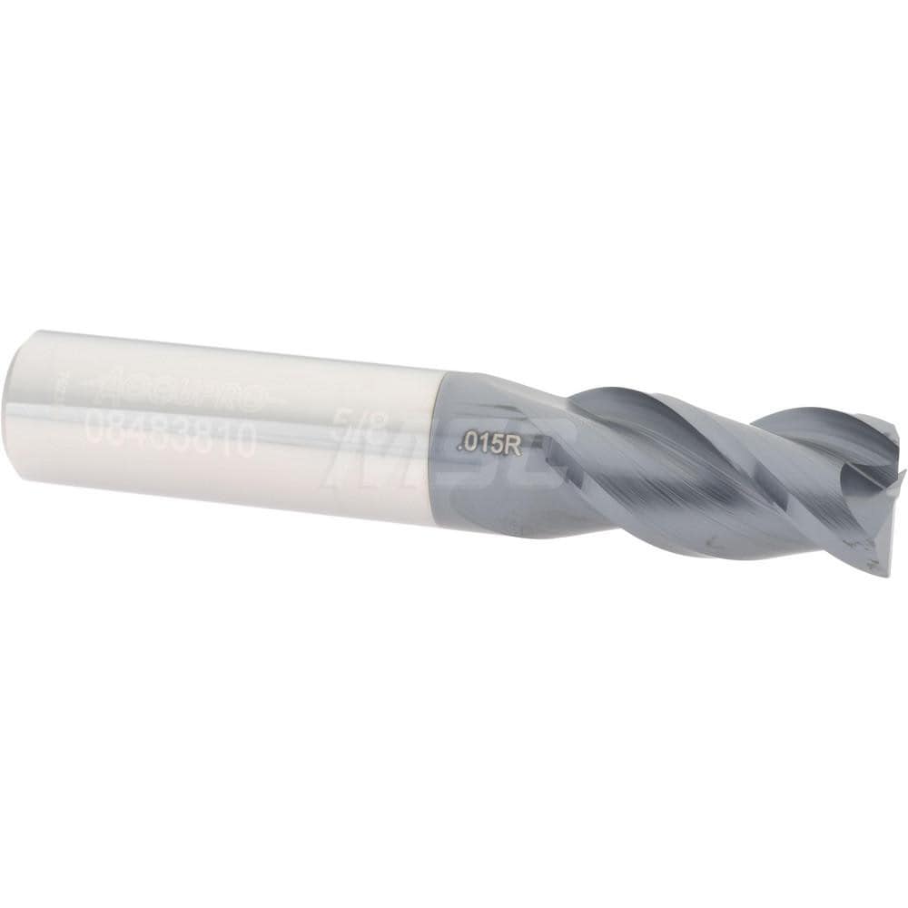 Accupro 12182112 Corner Radius End Mill: 5/8" Dia, 1-1/4" LOC, 0.015" Radius, 3 Flutes, Solid Carbide 