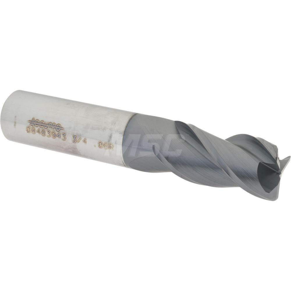 Corner Radius End Mill: 3/4" Dia, 1-1/2" LOC, 0.06" Radius, 3 Flutes, Solid Carbide