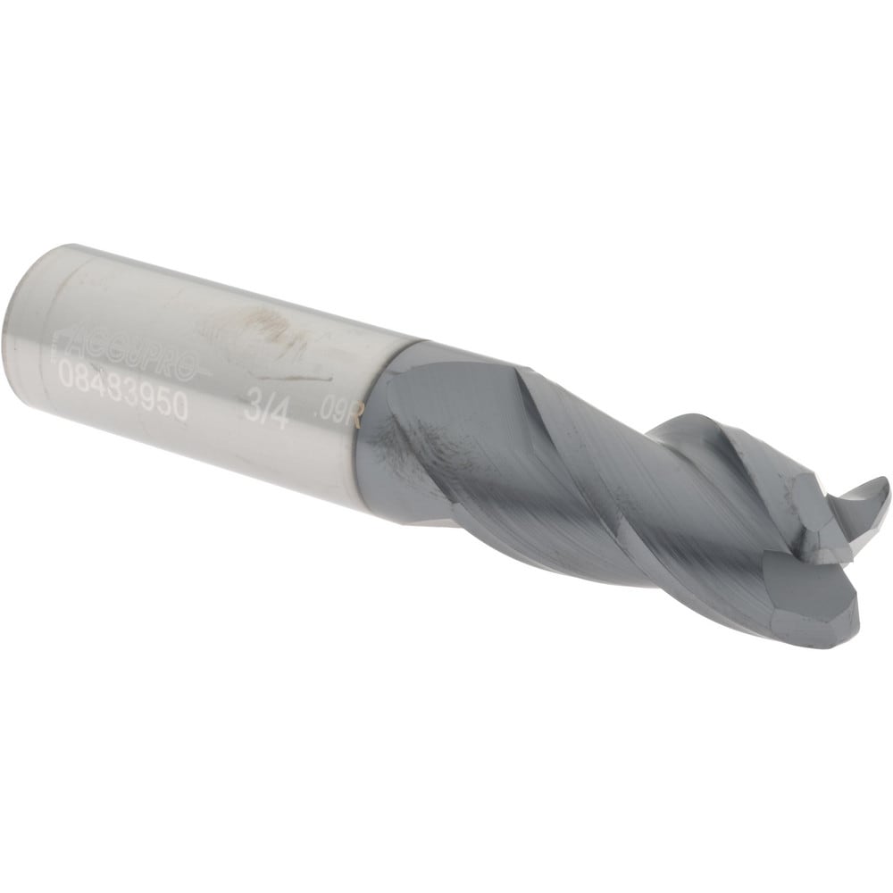 Corner Radius End Mill: 3/4" Dia, 1-1/2" LOC, 0.09" Radius, 3 Flutes, Solid Carbide