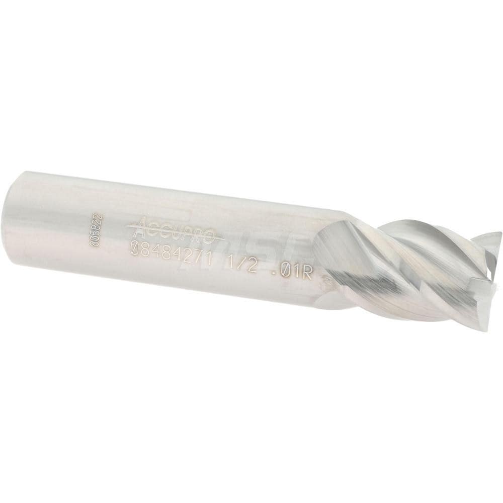 Accupro 12182929 Corner Radius End Mill: 1/2" Dia, 5/8" LOC, 0.01" Radius, 4 Flutes, Solid Carbide 