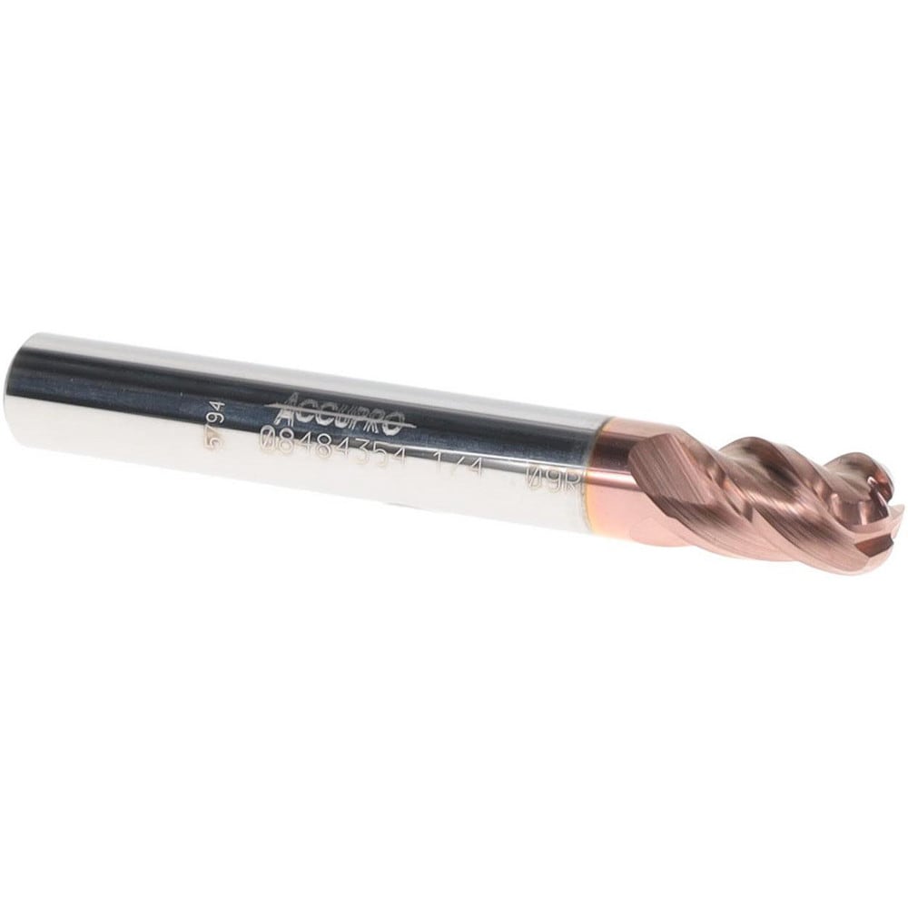 Corner Radius End Mill: 1/4" Dia, 3/8" LOC, 0.09" Radius, 4 Flutes, Solid Carbide