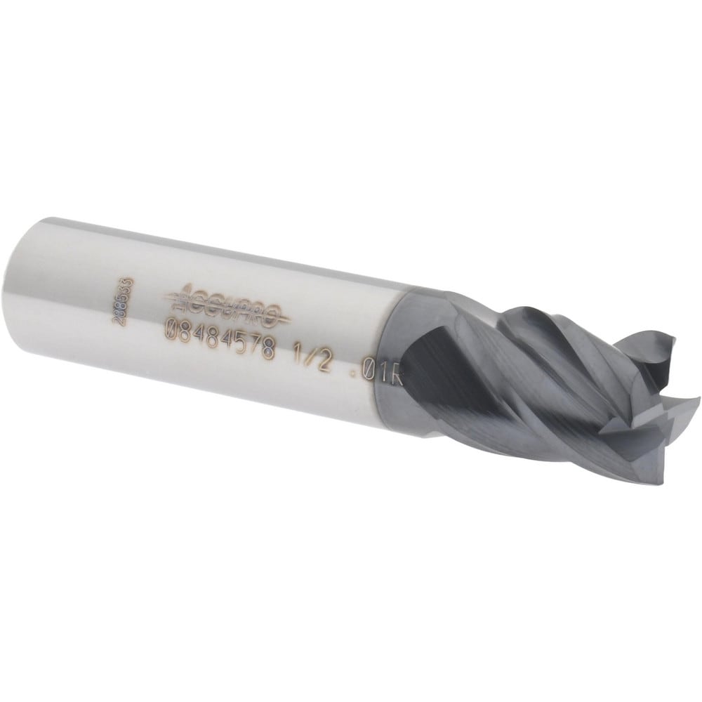 Accupro 12182947 Corner Radius End Mill: 1/2" Dia, 5/8" LOC, 0.01" Radius, 4 Flutes, Solid Carbide 