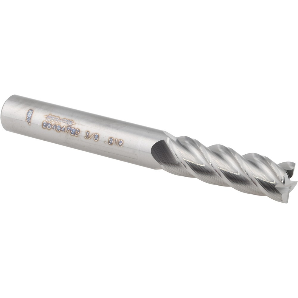 Corner Radius End Mill: 3/8" Dia, 1-1/8" LOC, 0.0100" Radius, 4 Flute, Solid Carbide