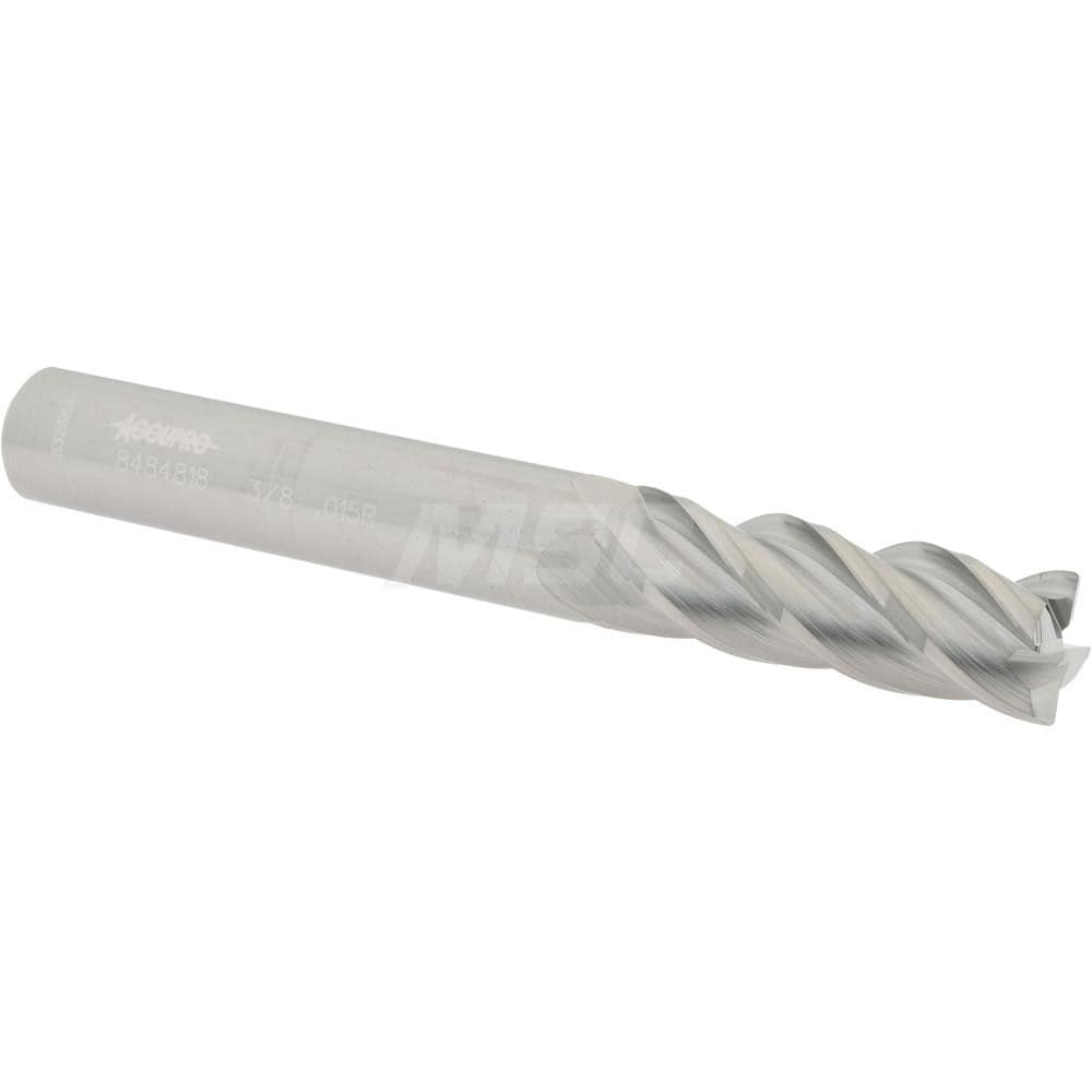 Corner Radius End Mill: 3/8" Dia, 1-1/8" LOC, 0.015" Radius, 4 Flutes, Solid Carbide