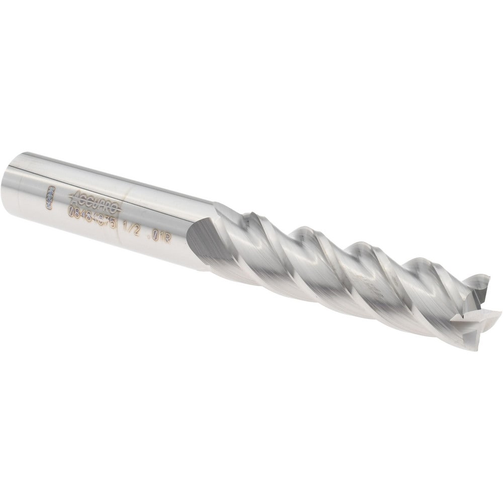 Corner Radius End Mill: 1/2" Dia, 2" LOC, 0.0100" Radius, 4 Flute, Solid Carbide