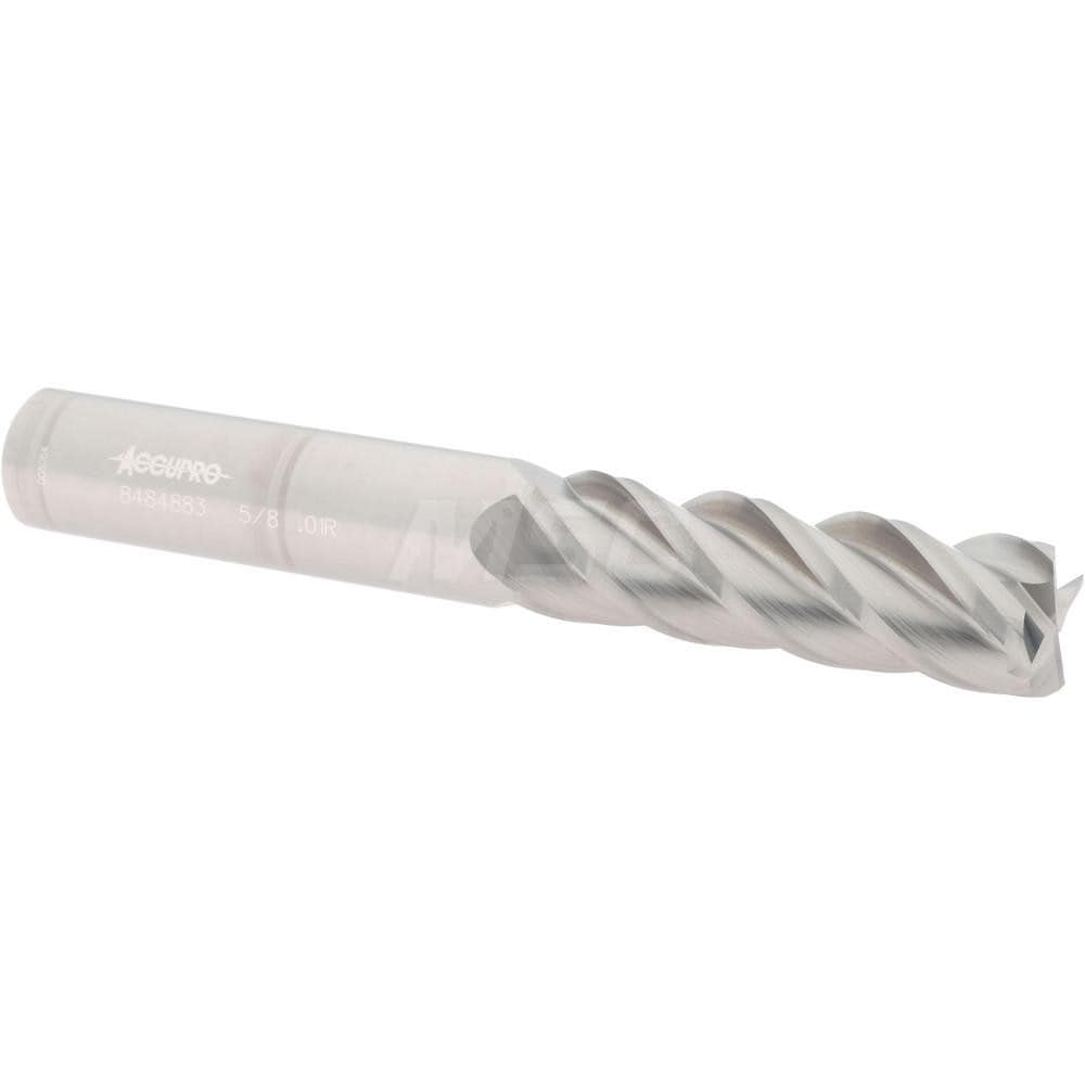 Corner Radius End Mill: 5/8" Dia, 2-1/8" LOC, 0.01" Radius, 4 Flutes, Solid Carbide
