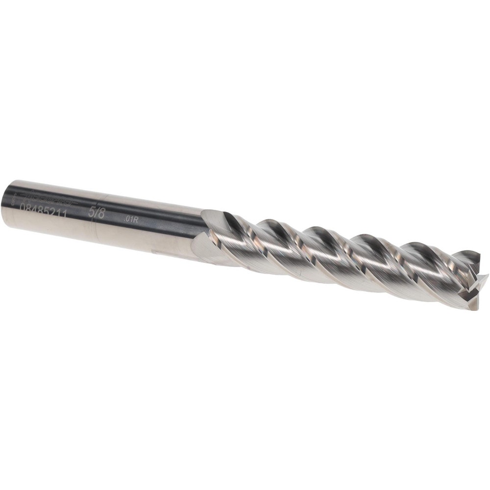 Corner Radius End Mill: 5/8" Dia, 3" LOC, 0.01" Radius, 4 Flutes, Solid Carbide