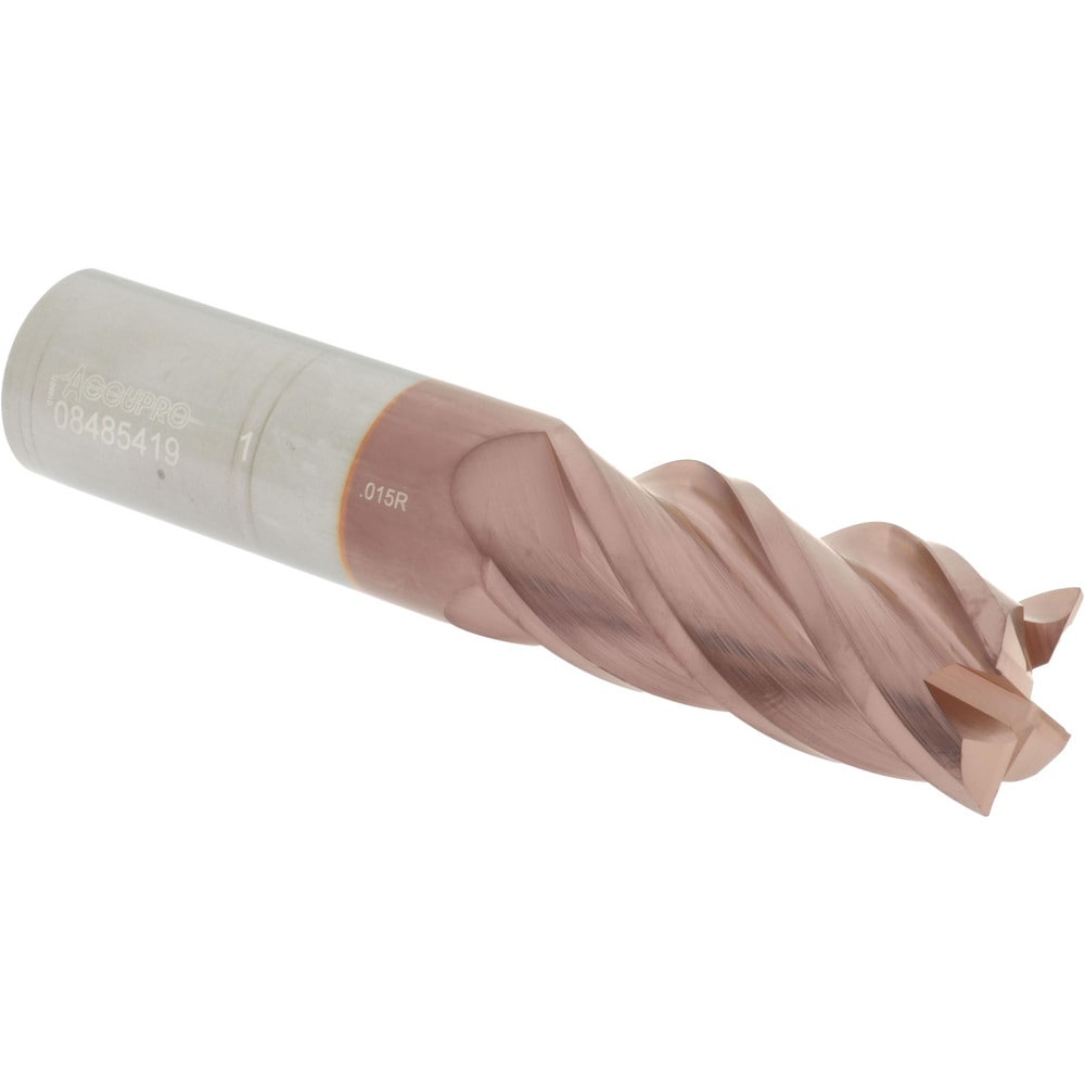 Corner Radius End Mill: 1" Dia, 2-1/4" LOC, 0.015" Radius, 4 Flutes, Solid Carbide