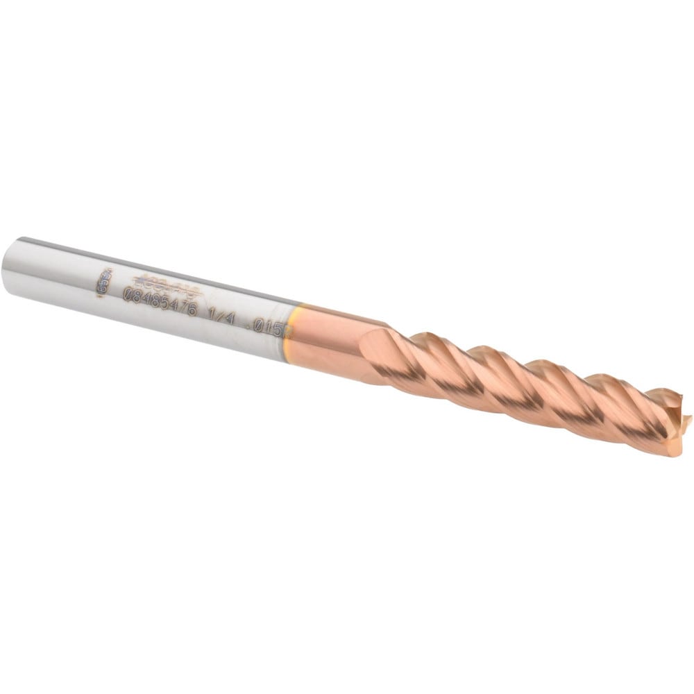 Corner Radius End Mill: 1/4" Dia, 1-1/8" LOC, 0.015" Radius, 4 Flutes, Solid Carbide