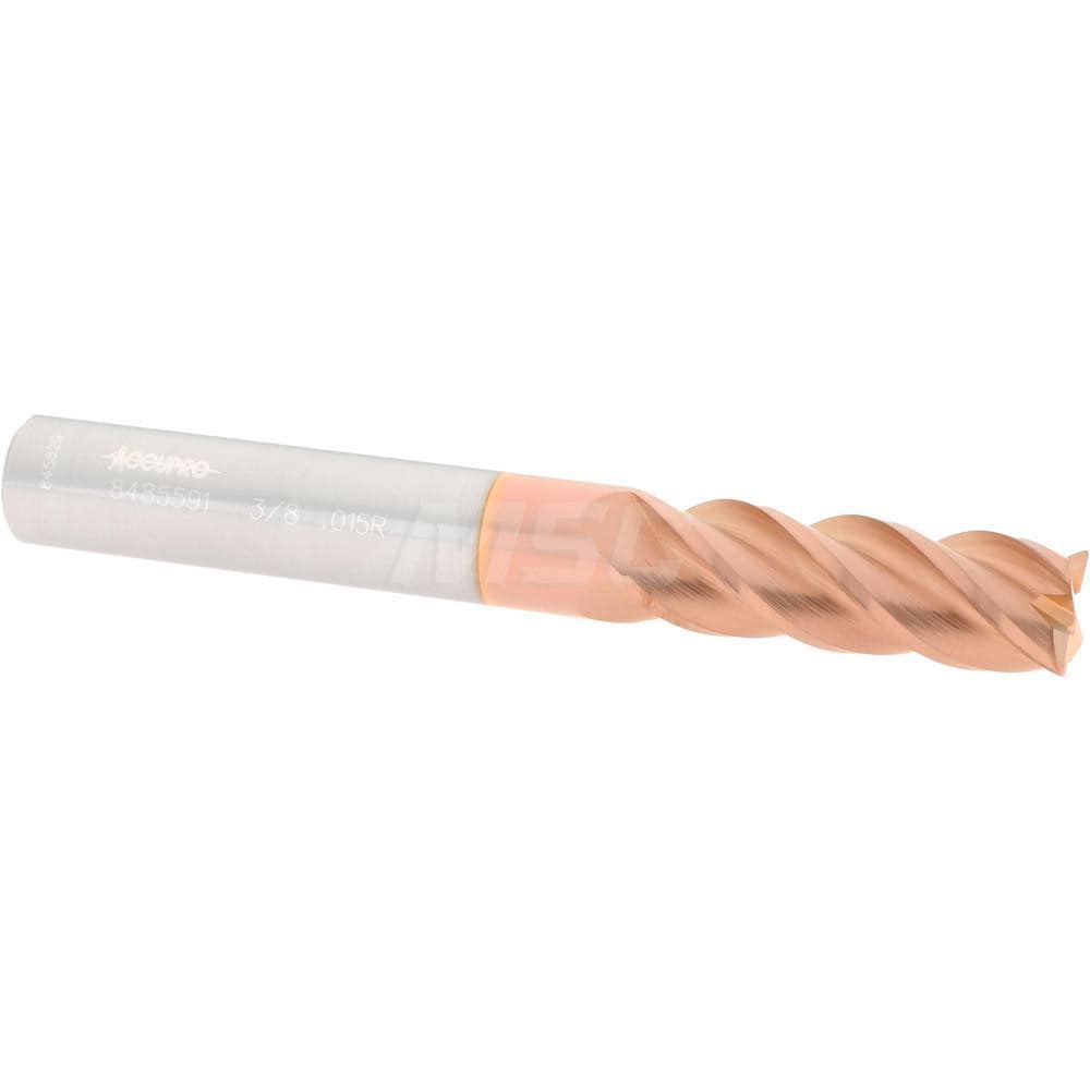 Corner Radius End Mill: 3/8" Dia, 1-1/8" LOC, 0.015" Radius, 4 Flutes, Solid Carbide
