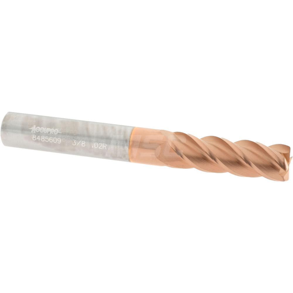 Corner Radius End Mill: 3/8" Dia, 1-1/8" LOC, 0.02" Radius, 4 Flutes, Solid Carbide