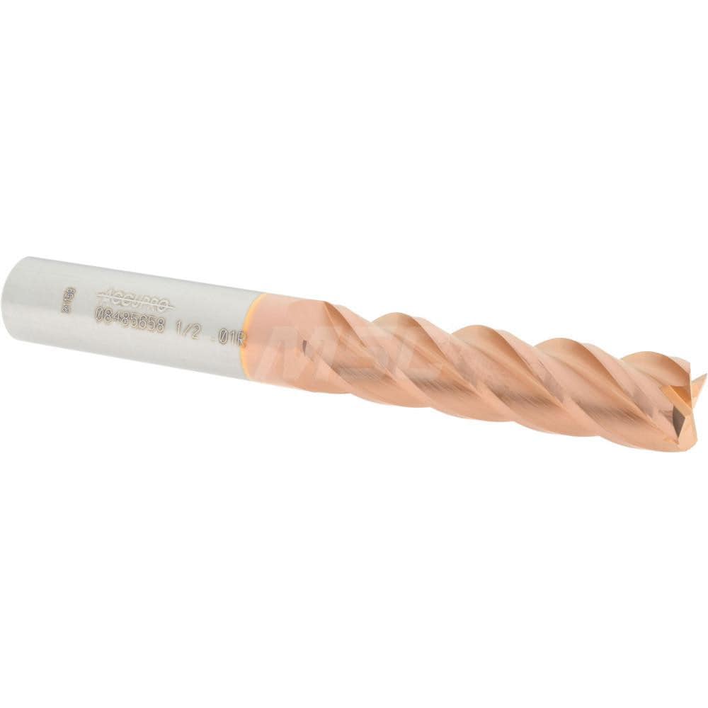 Corner Radius End Mill: 1/2" Dia, 2" LOC, 0.01" Radius, 4 Flutes, Solid Carbide