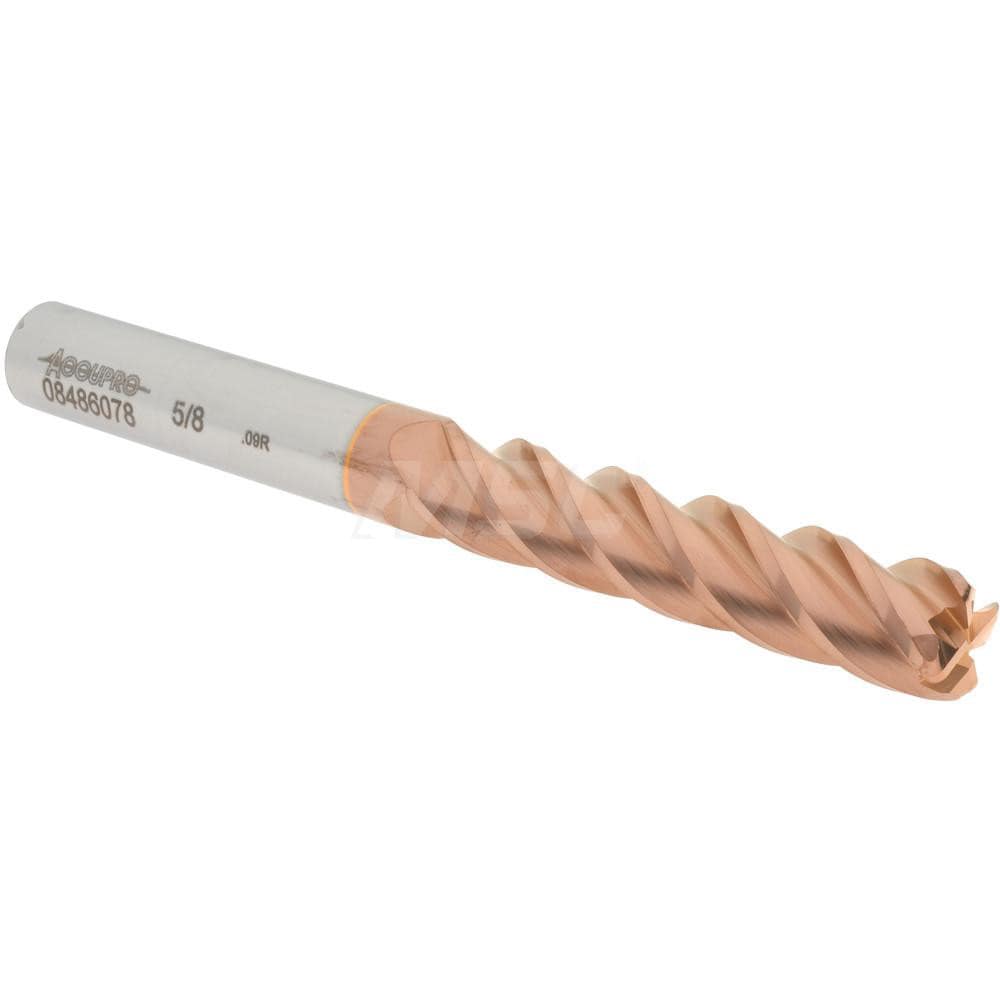 Corner Radius End Mill: 5/8" Dia, 3" LOC, 0.09" Radius, 4 Flutes, Solid Carbide