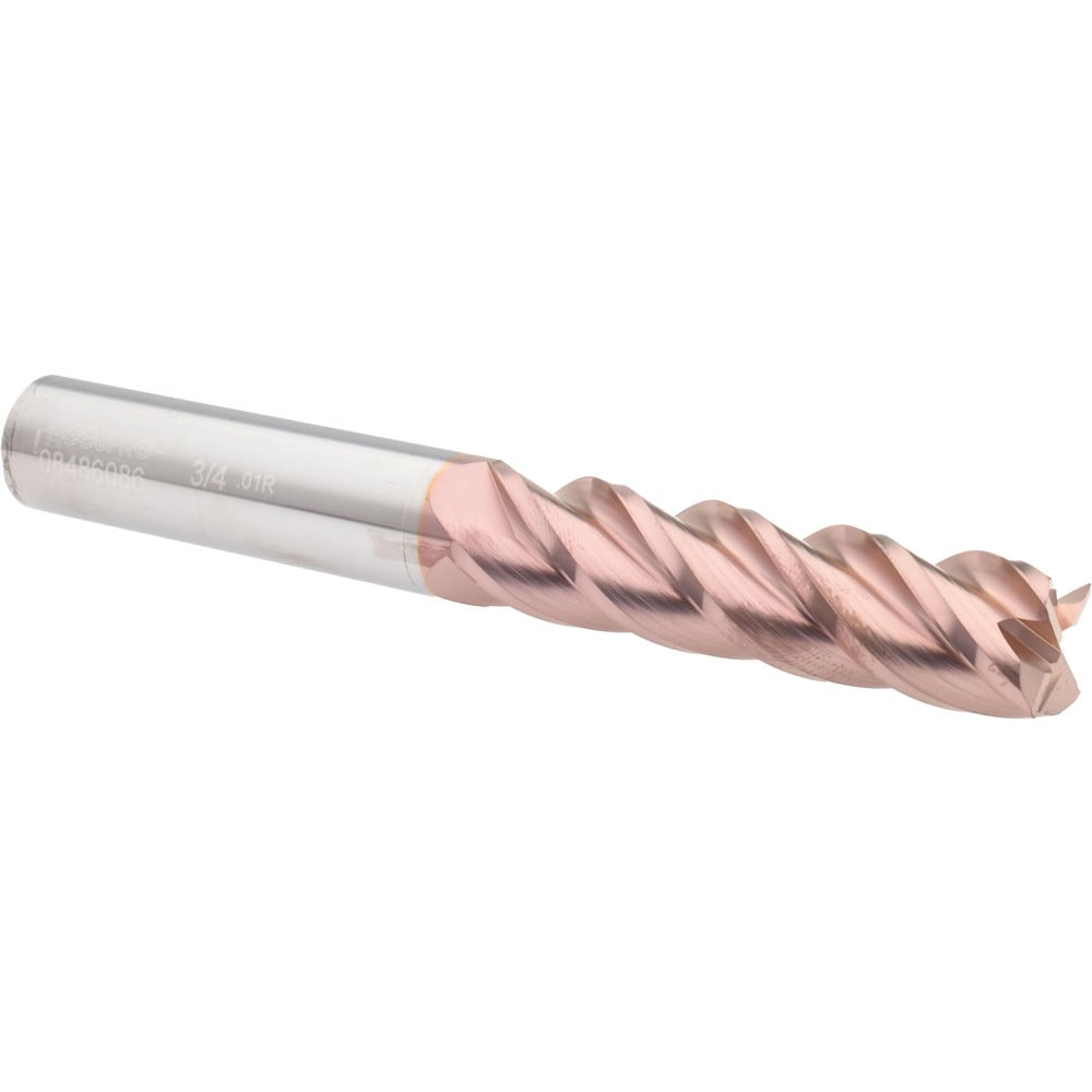 Corner Radius End Mill: 3/4" Dia, 3" LOC, 0.01" Radius, 4 Flutes, Solid Carbide