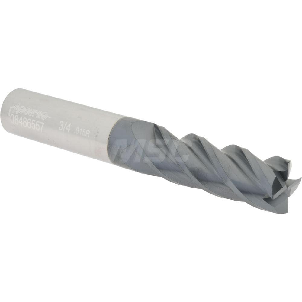 Accupro 12183153 Corner Radius End Mill: 3/4" Dia, 2-1/4" LOC, 0.015" Radius, 4 Flutes, Solid Carbide Image