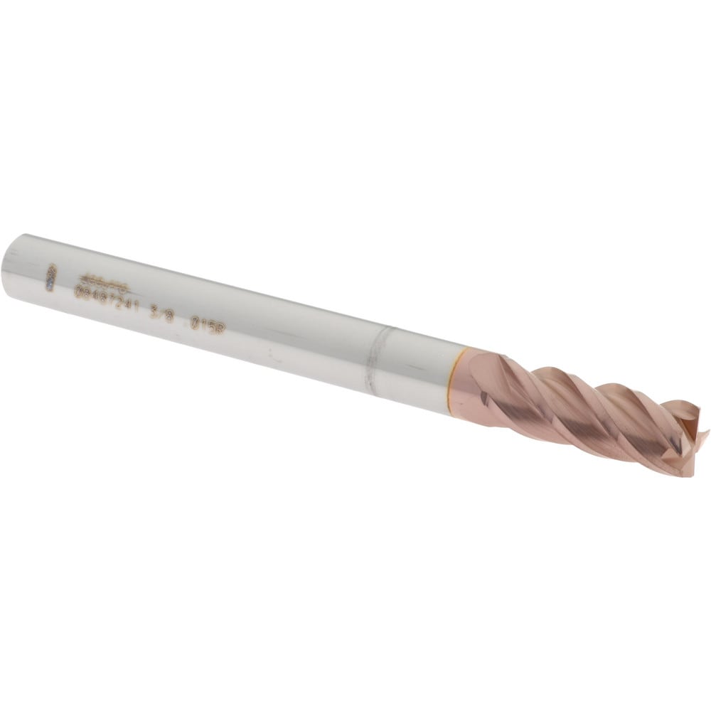 Corner Radius End Mill: 3/8" Dia, 1" LOC, 0.015" Radius, 4 Flutes, Solid Carbide