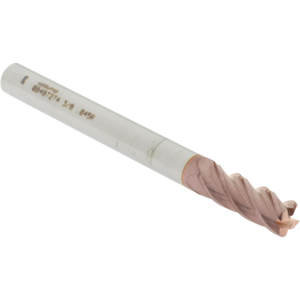 Corner Radius End Mill: 3/8" Dia, 1" LOC, 0.045" Radius, 4 Flutes, Solid Carbide