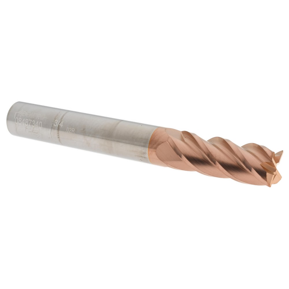 Corner Radius End Mill: 3/4" Dia, 2" LOC, 0.02" Radius, 4 Flutes, Solid Carbide