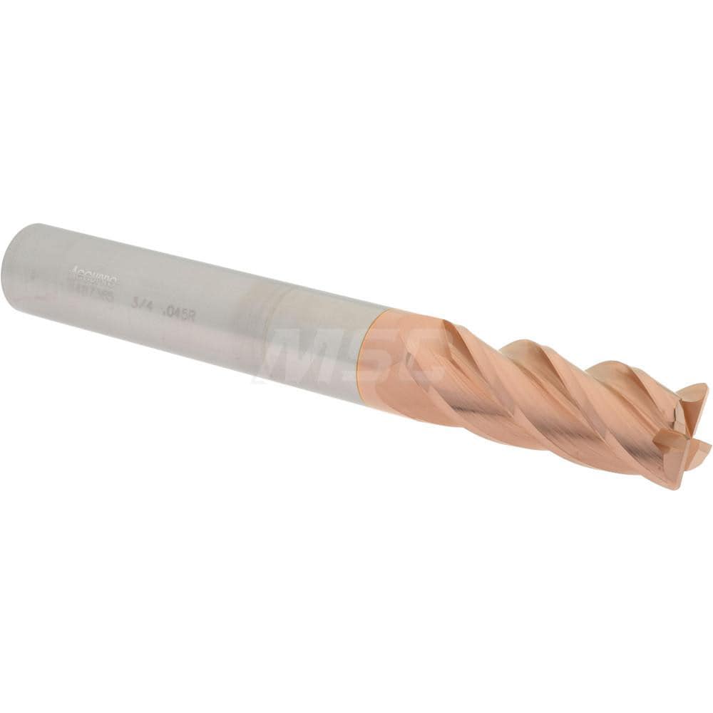 Corner Radius End Mill: 3/4" Dia, 2" LOC, 0.045" Radius, 4 Flutes, Solid Carbide