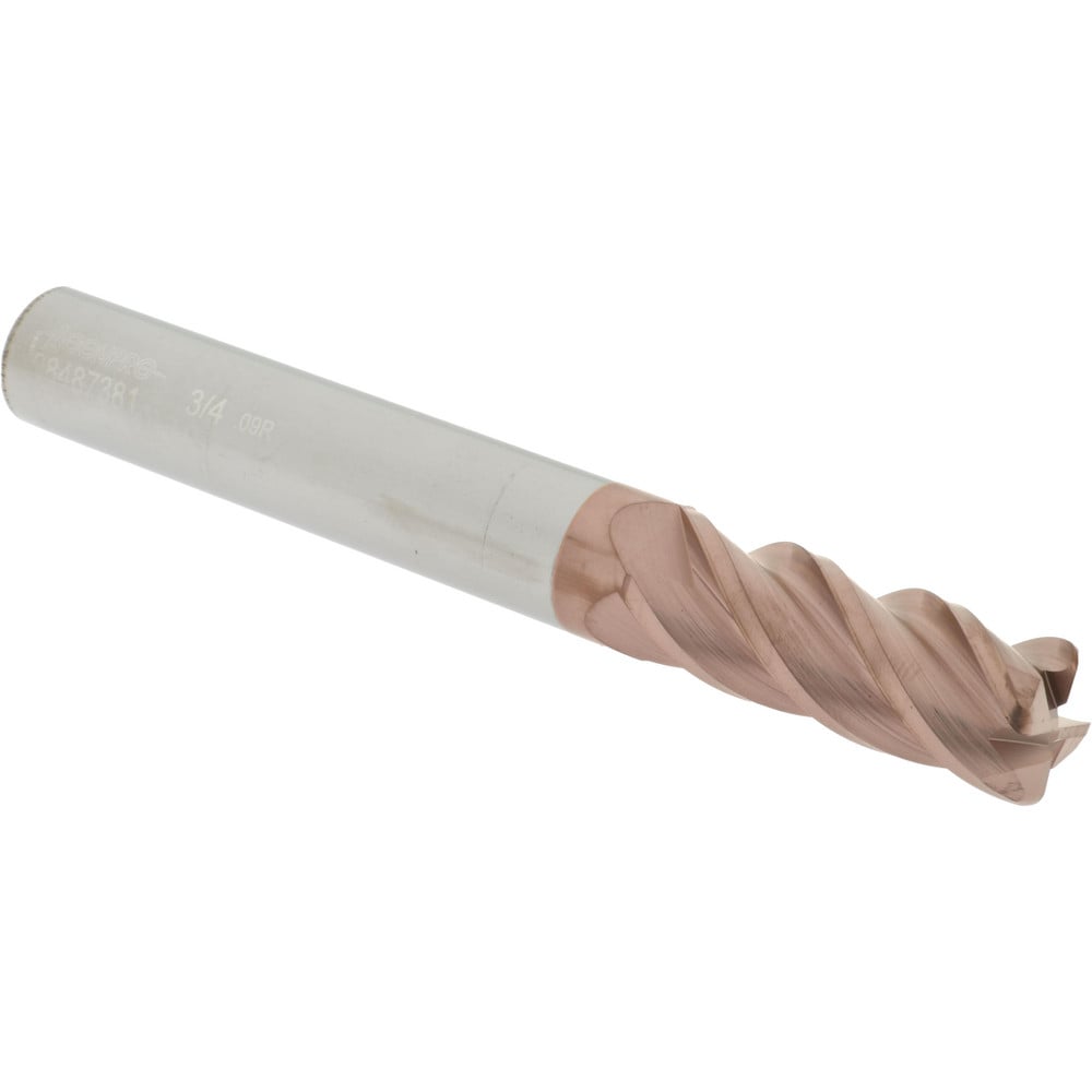 Corner Radius End Mill: 3/4" Dia, 2" LOC, 0.09" Radius, 4 Flutes, Solid Carbide