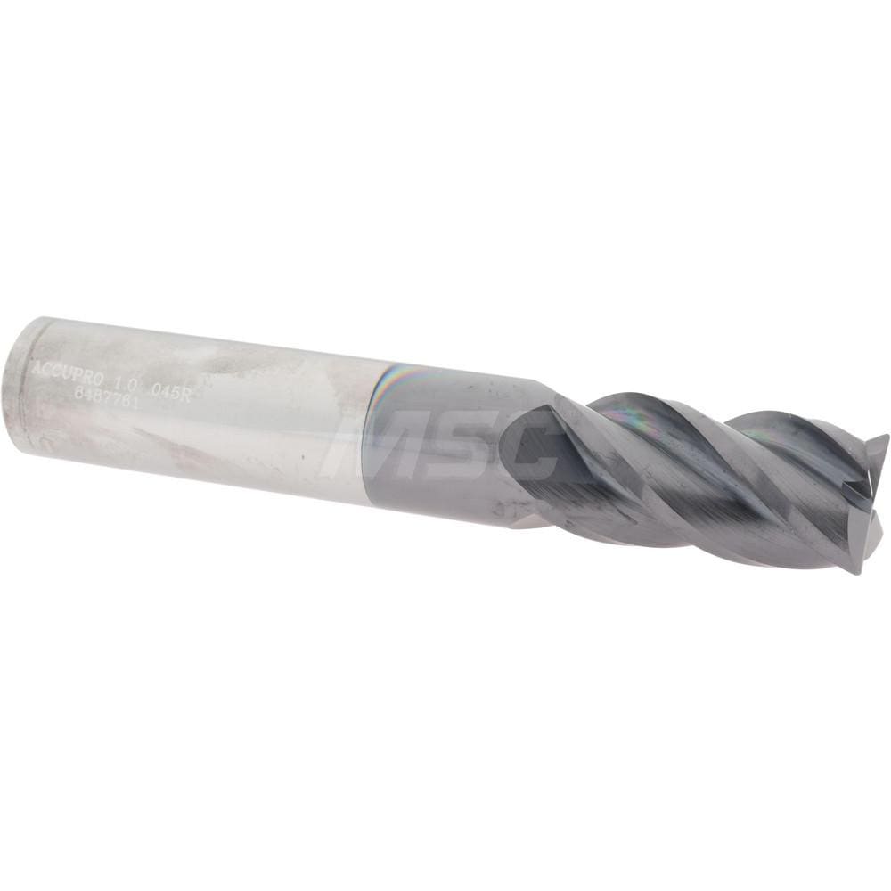 Corner Radius End Mill: 1" Dia, 2" LOC, 0.045" Radius, 4 Flutes, Solid Carbide