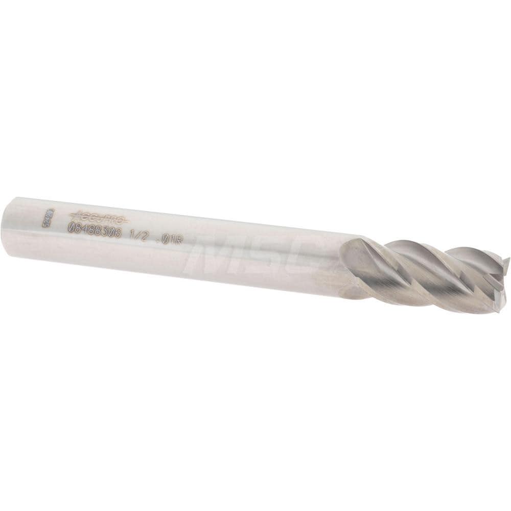 Corner Radius End Mill: 1/2" Dia, 1" LOC, 0.01" Radius, 4 Flutes, Solid Carbide