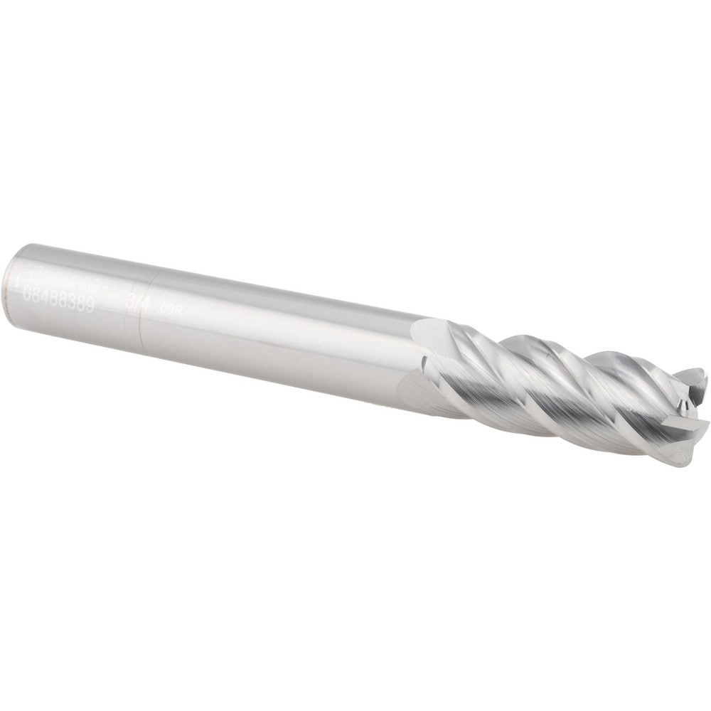 Corner Radius End Mill: 3/4" Dia, 2" LOC, 0.0900" Radius, 4 Flute, Solid Carbide
