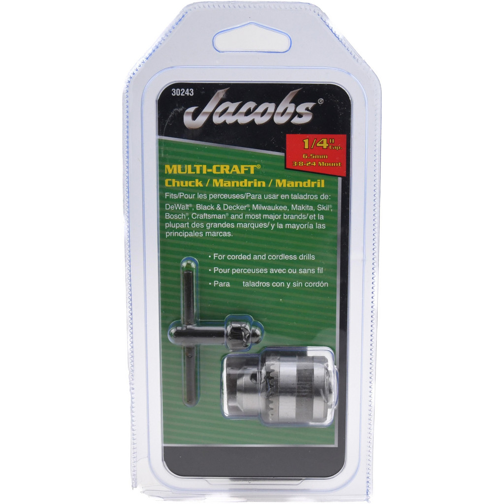 Jacobs Drill Chuck: 6.35 to 6.35 mm Capacity, Threaded Mount, 3/8-24 in - Keyed, # KG1 Key, 28.70 mm Sleeve Dia | Part #30243D