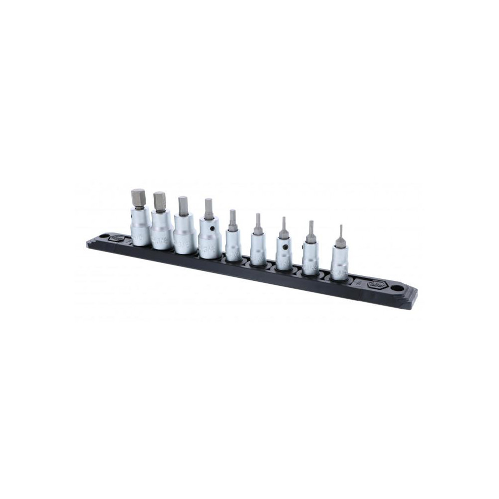 Hex Bit Socket Set: 1/4 & 3/8" Drive, 9 Pc, 1.5 to 10 mm Hex - Hex Metric Socket Set 9 Piece Set with 1/4" Replaceable Hex Bits. 1/4" Square Drive 1.5 to 4.0 3/8" Square Drive 5.0 to 10.0 mm On Rail