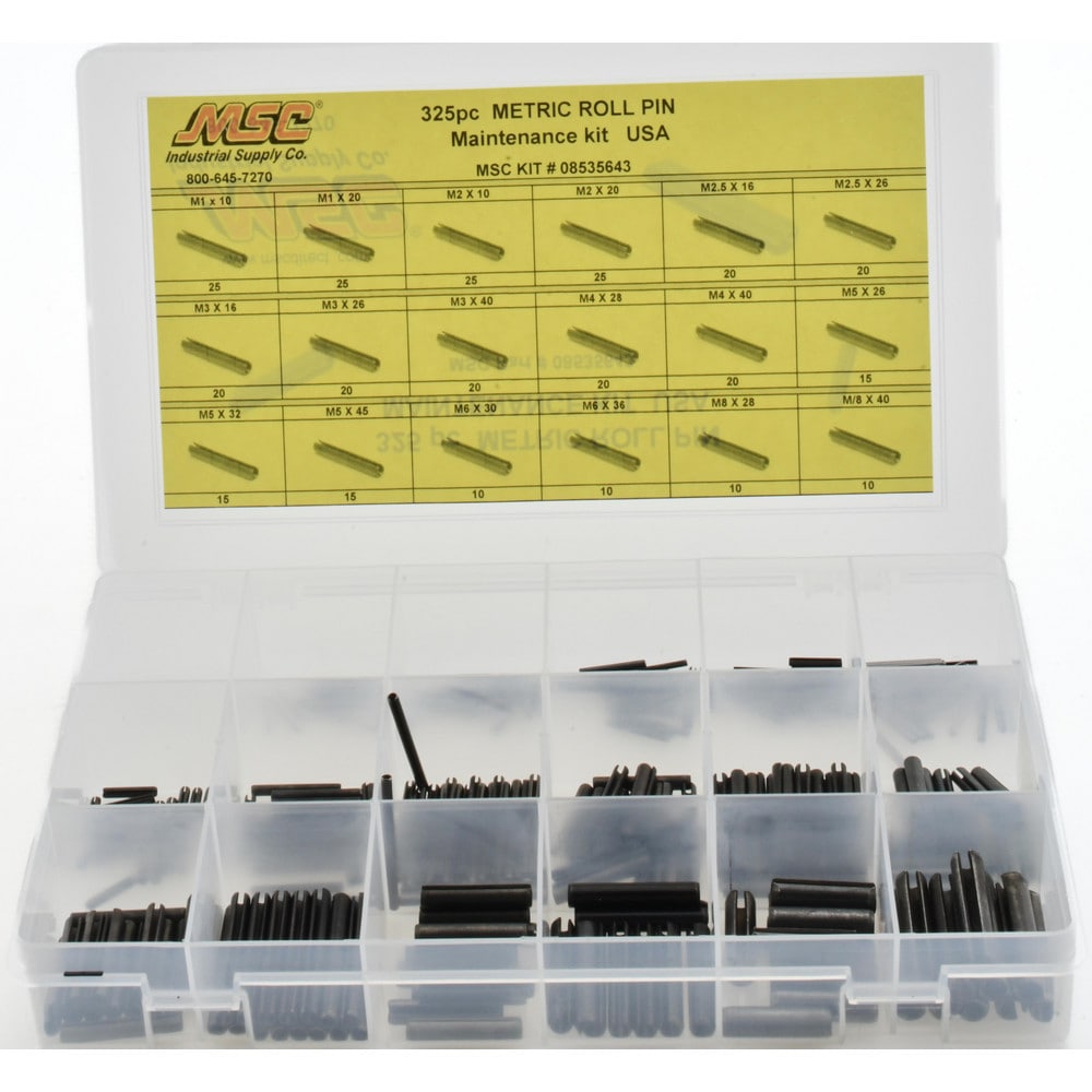 325 Piece, M1 to M8 Pin Diam, Spring Pin Assortment