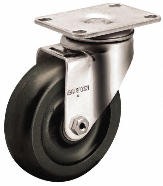 Albion Swivel Top Plate Caster: Polypropylene, 300 lb, 4" Dia, 1-1/4" Wide, 5-1/8" OAH - 2-1/2 x 3-5/8" Plate, 1-3/4 x 2-3/16 Slotted to 3-1/16" Bolt