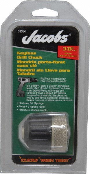 Drill Chuck: 1/32 to 3/8" Capacity, Threaded Mount, 3/8-24 in - Keyless
