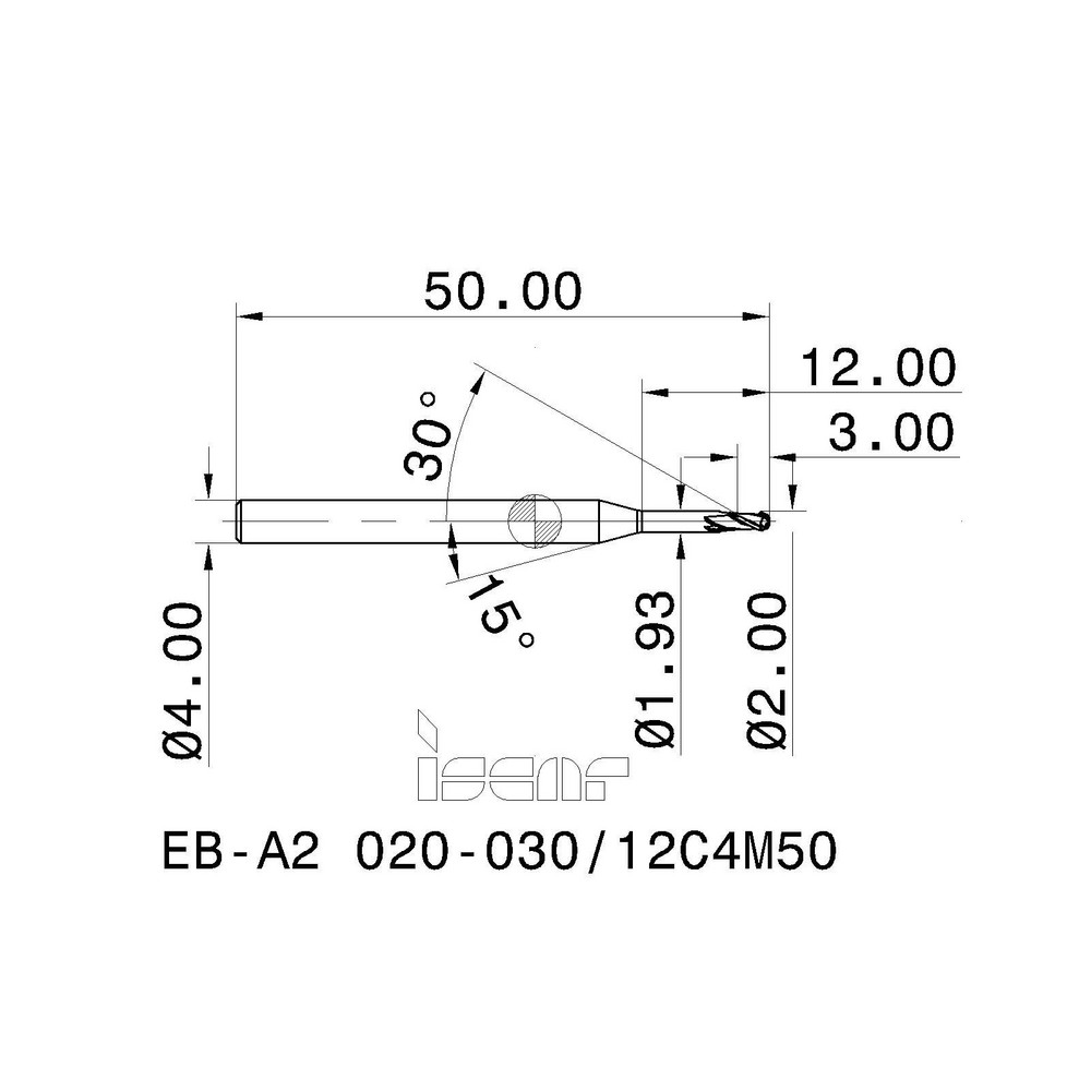 Iscar Ball End Mill 2.00 mm Dia, 3.00 mm LOC, 2 Flute, Solid Carbide