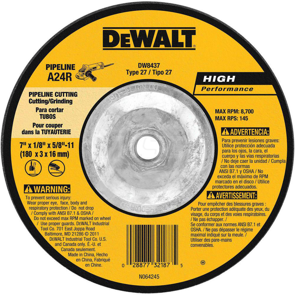 Depressed-Center Wheel: Type 27, 7" Dia, 1/8" Thick, 5/8-11 Hole, Aluminum Oxide - 24 Grit, Resinoid Bond, 8700 Max RPM, Use with Angle Grinder