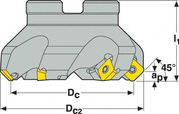 Seco 2422254 1.57" Cut Diam, 3/4" Arbor Hole, 0.18" Max Depth of Cut, 45° Indexable Chamfer & Angle Face Mill Image