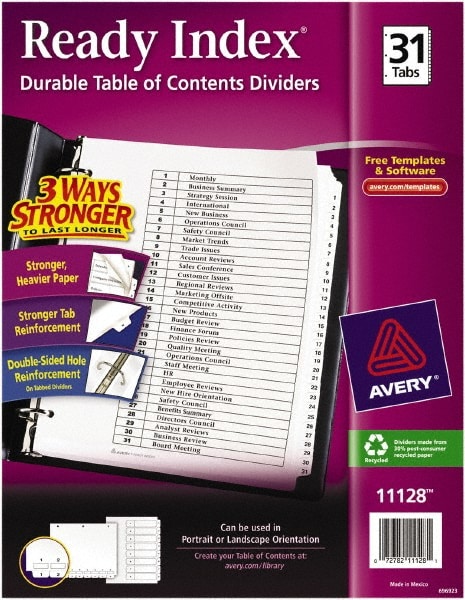 11 x 8 1/2" 1 to 31" Label, 8 Tabs, 3-Hole Punched, Preprinted Divider