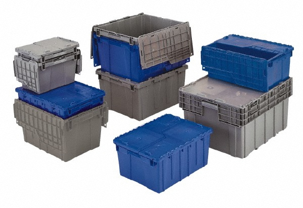 Polyethylene Attached-Lid Storage Tote: 75 lb Capacity - Blue, Includes Lid, Stacking, Nesting