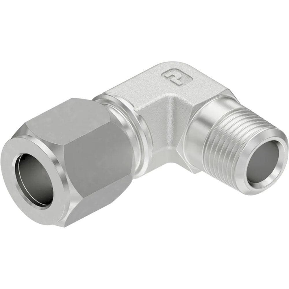 Parker 4-4 CBU-S Flareless Bite-Type Tube Male Elbow: 1/4" NPTF, 1/4" Tube OD, Steel Image