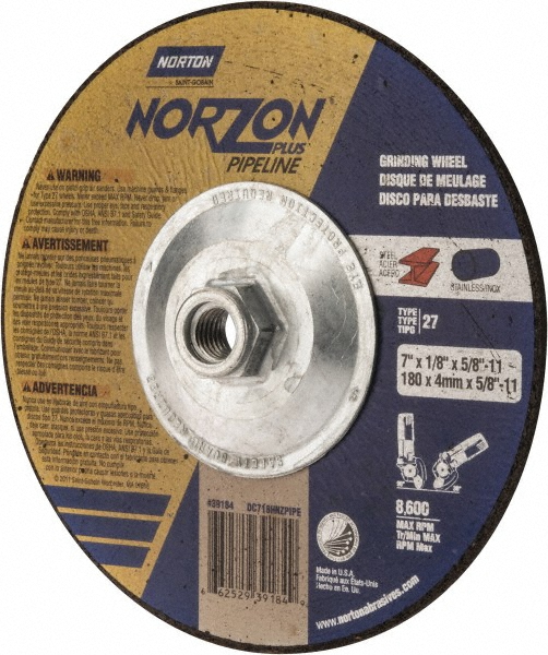 Depressed-Center Wheel: Type 27, 7" Dia, 1/8" Thick, 5/8-11 Hole, Ceramic Alumina - 30 Grit, Resinoid Bond, 8600 Max RPM, Use with Angle Grinder