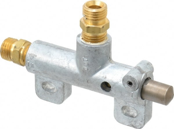 Heinrich 34 Mechanically Operated Valve: 3-Way, Plunger Button/Spring Actuator, 1/4" Inlet, 1/4" Outlet, 3 Position 