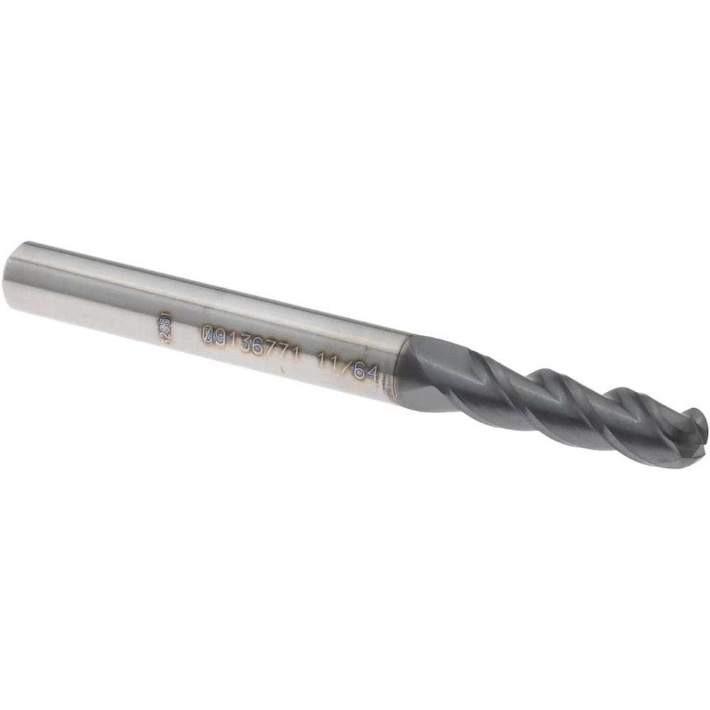 Ball End Mill: 11/64" Dia, 5/8" LOC, 3 Flute, Solid Carbide