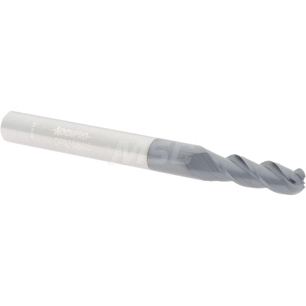 Ball End Mill: 0.2188" Dia, 0.625" LOC, 3 Flute, Solid Carbide