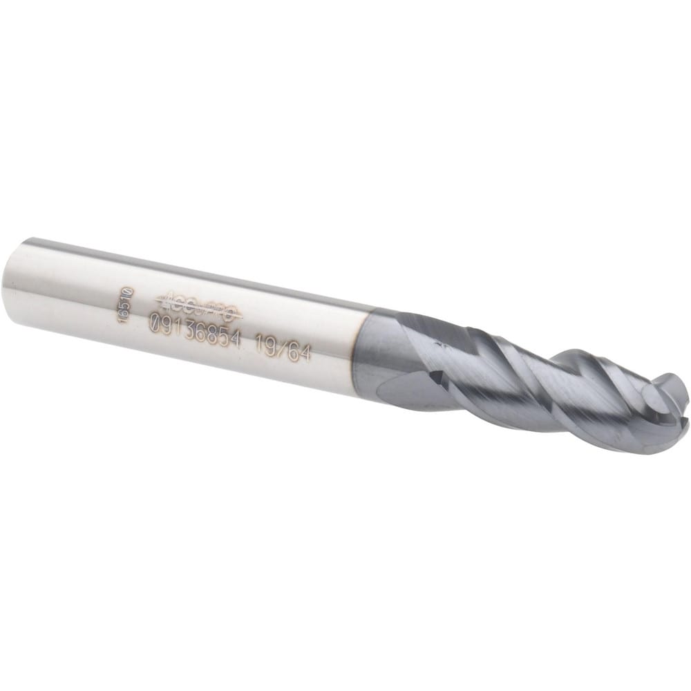 Ball End Mill: 0.2969" Dia, 0.75" LOC, 3 Flute, Solid Carbide