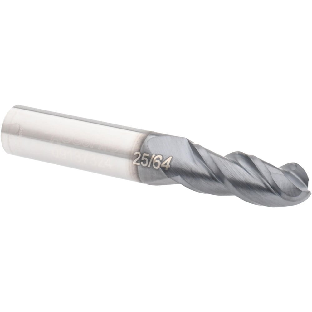 Ball End Mill: 0.3906" Dia, 1" LOC, 3 Flute, Solid Carbide