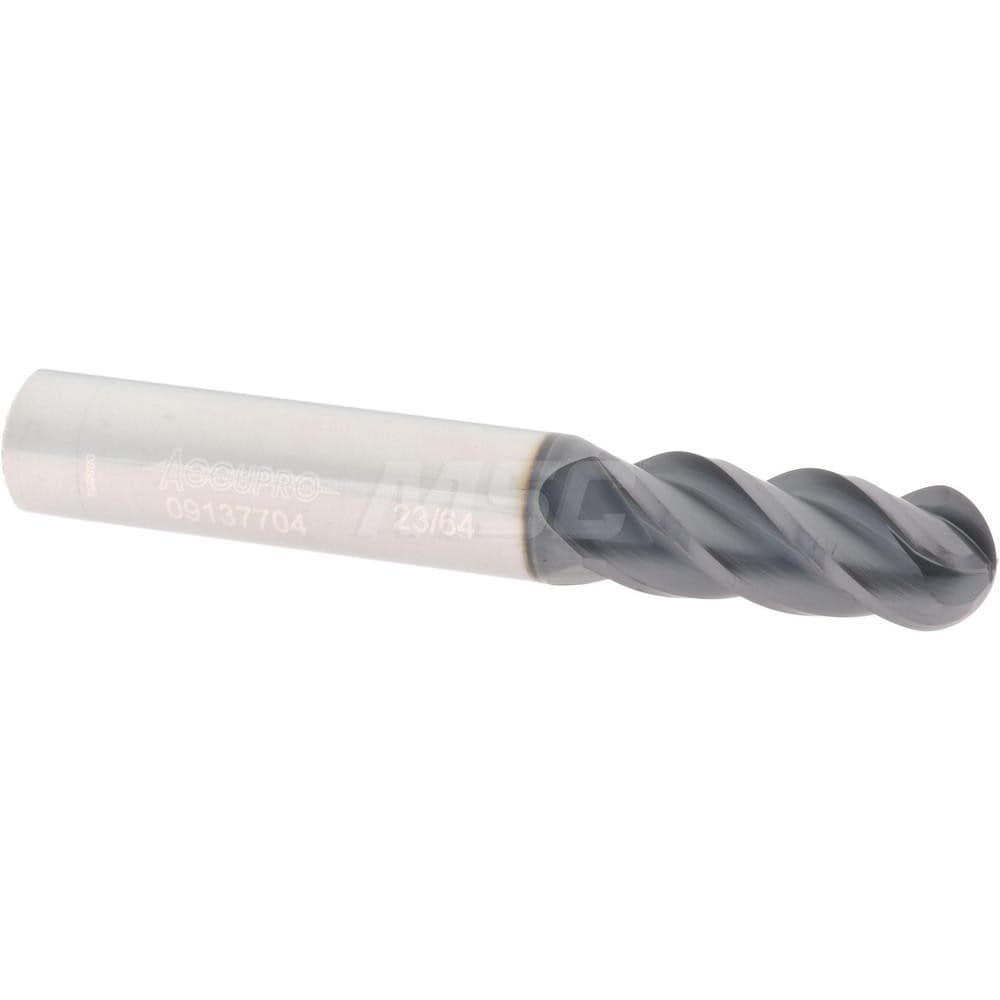 Ball End Mill: 0.3594" Dia, 0.875" LOC, 4 Flute, Solid Carbide