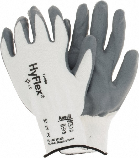 Work Gloves: HyFlex® 11-800, Size X-Large, Foam Nitrile-Coated Nylon, Industrial - Gray & White, 10-1/4" OAL, Nylon Lined, Foam Grip, Pair,     Static Dissipative
