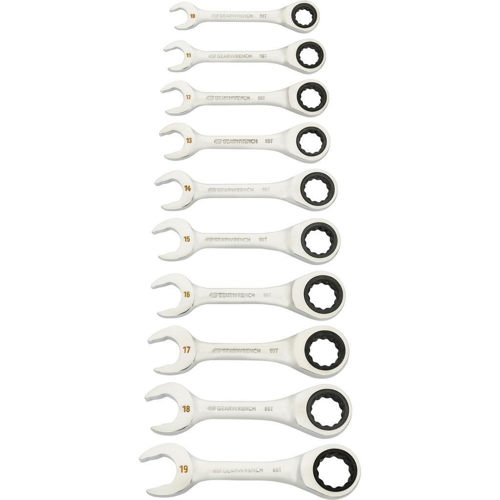 GEARWRENCH Stubby Wrench Set: 10 Pc, 10mm-19mm Wrench, Metric - Polished Chrome Finish, Not Tether Capable, Ratcheting | Part #86850