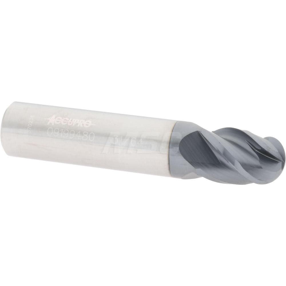 Ball End Mill: 0.4844" Dia, 0.625" LOC, 4 Flute, Solid Carbide