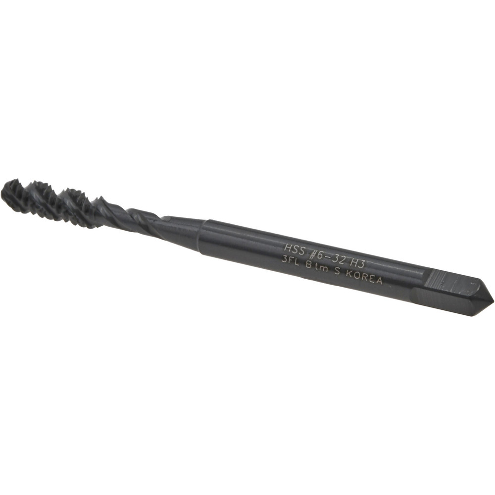 Spiral Flute Tap: #6-32 UNC, 3 Flutes, Bottoming, 2B Class of Fit, High Speed Steel, Oxide Coated