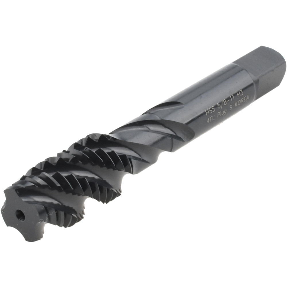 Spiral Flute Tap: 5/8-11, UNC, 4 Flute, Plug, 3B Class of Fit, High Speed Steel, Oxide Finish